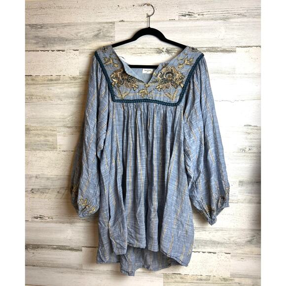 World Market Women's L/XL lightweight blue gold embroidered tunic top stripe - Picture 1 of 7